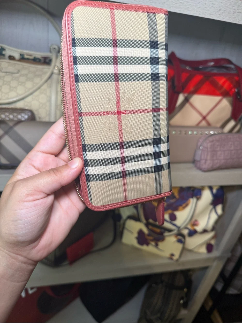 Burberry Pink Leather & Vintage Check Zip Wallet